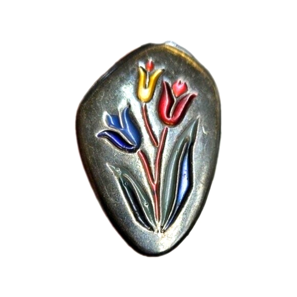 Vintage Sterling Silver Enamel Tulip Flowers Made In Israel Brooch Pin Pendant